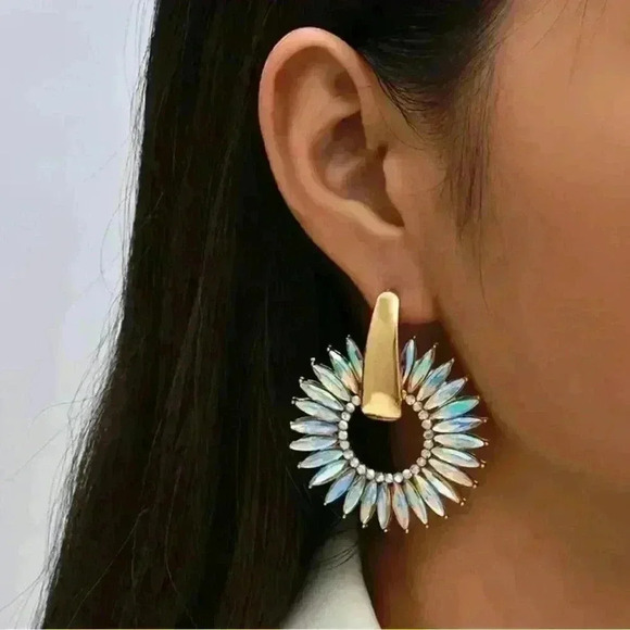 NEW-Iridescent Sunburst Hoop Earrings with Gold Accents - Picture 3 of 4